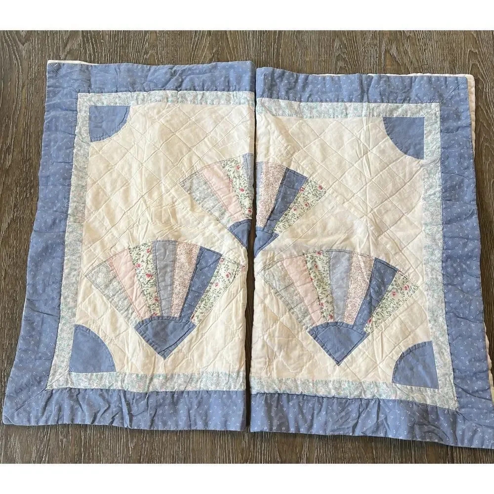 VTG Quilted Patchwork Pillow Shams Set Of 2 Hand Stitched‎ Queen Fan Print